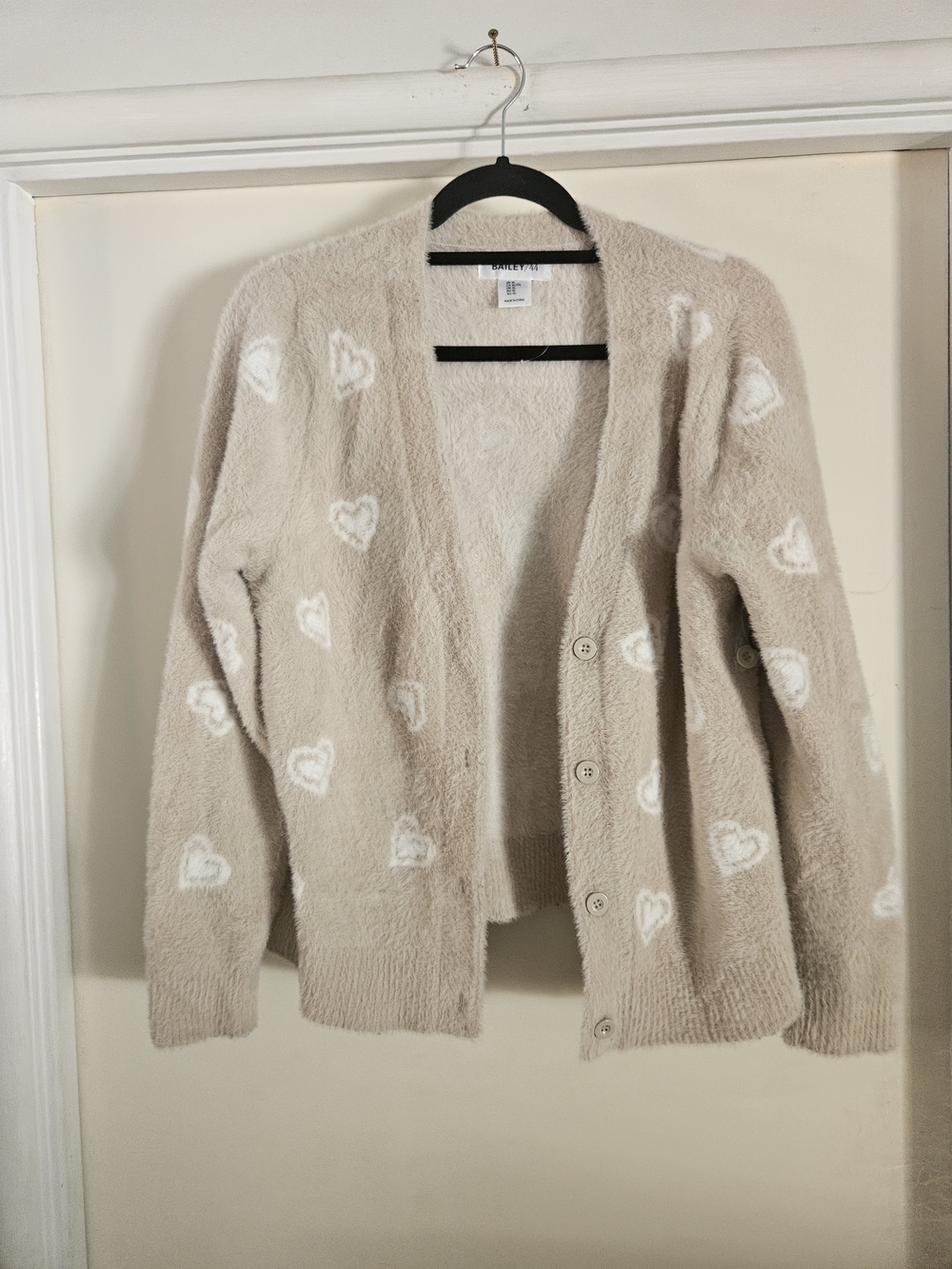 Bailey 44 Beige Cardigan with White Heart Motif